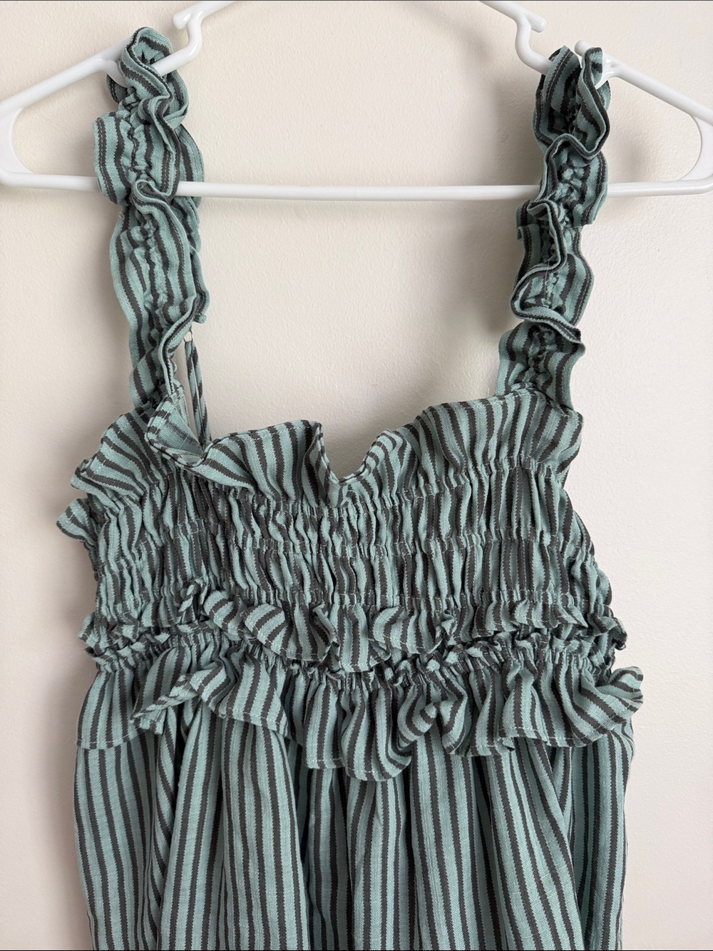 Smocked Ruffle Striped Tank Top - Sage/Teal Green with Charcoal Stripes - Picture 3 of 11